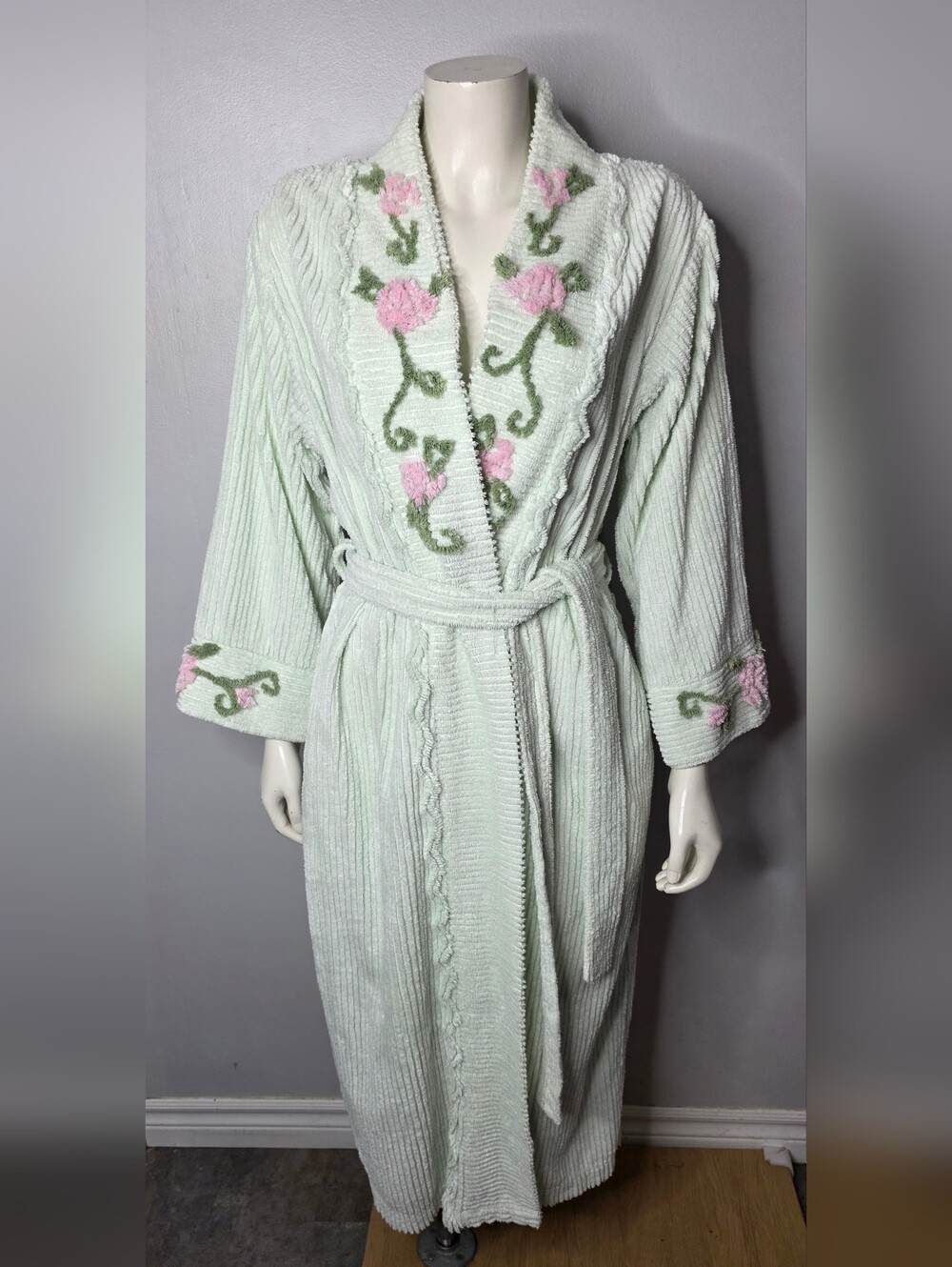 Chenille Robe - Mint Green And Pink Florals